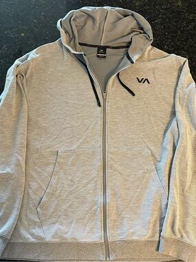 RVCA Men’s Light Gray Zip-Up Hoodie with Black Logo Accents